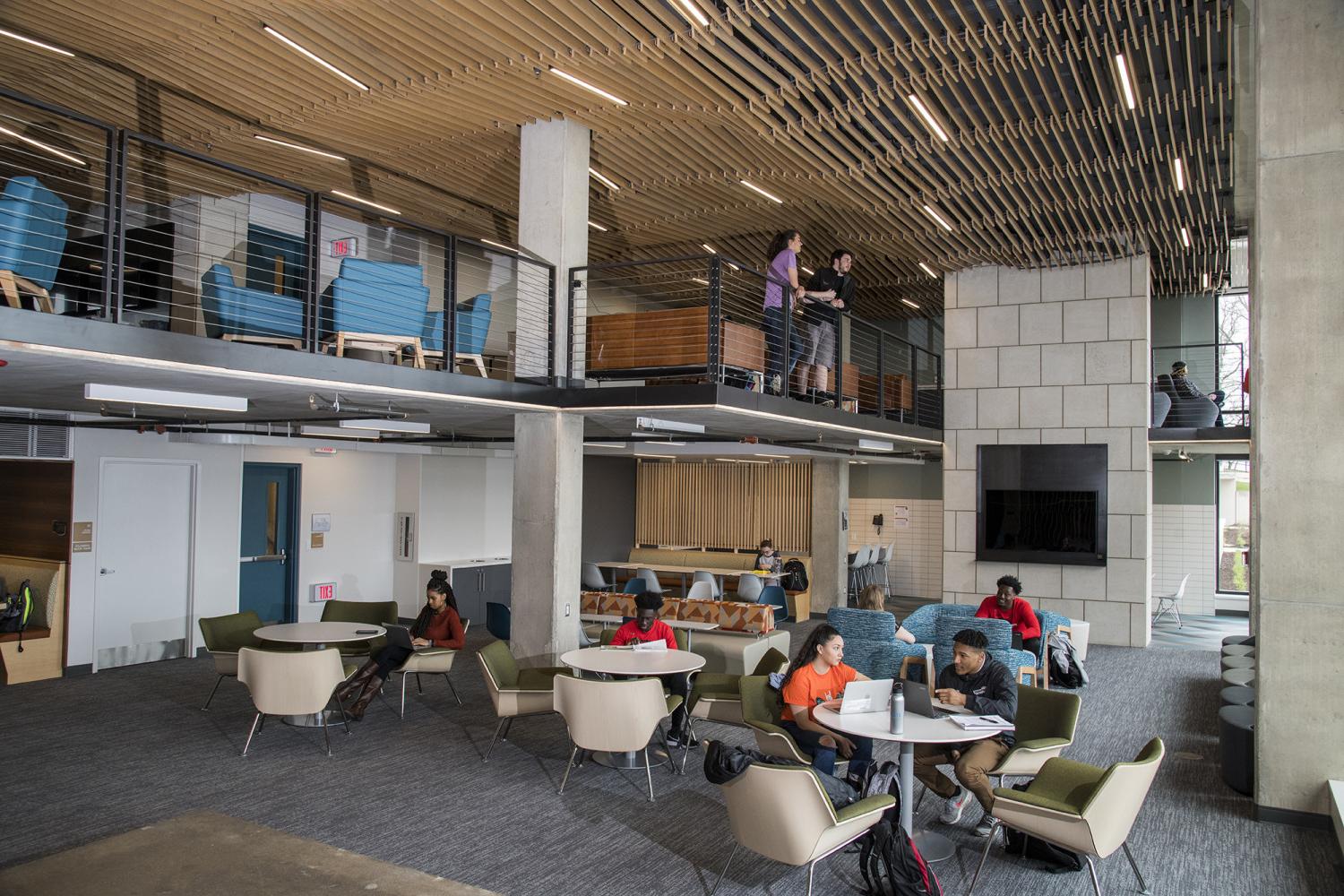 The Tower?s main floor lounge has plenty of seating for students to study and hang out with frien...