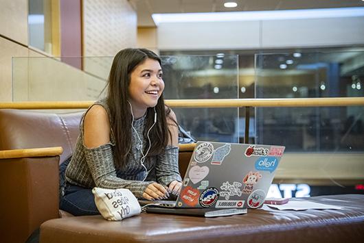 A student works on her laptop in the A. W. Clausen Center for World Business.