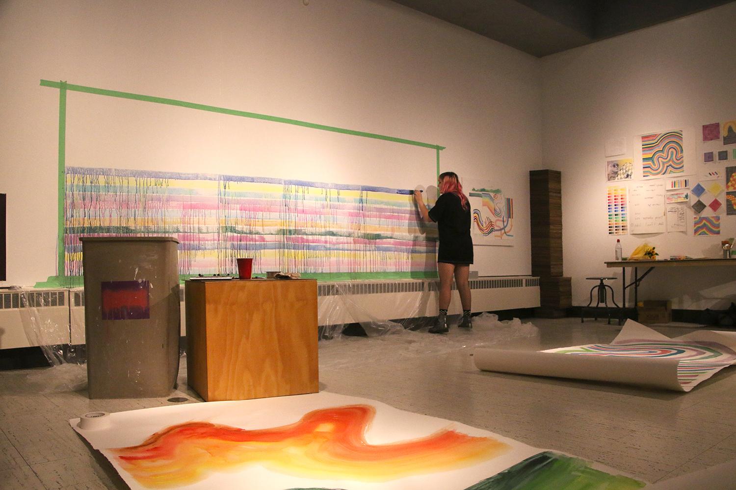 Site-specific painting performance and installation, Spring 2019 (from Senior Thesis Exhibition),...